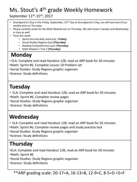 Ms. Stout’s 4th grade Weekly Homework September 11th-15th, 2017
