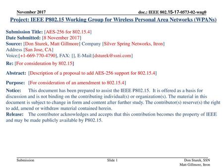 November 2017 Project: IEEE P802.15 Working Group for Wireless Personal Area Networks (WPANs) Submission Title: [AES-256 for 802.15.4] Date Submitted: