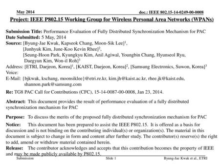 May 2014 Project: IEEE P802.15 Working Group for Wireless Personal Area Networks (WPANs) Submission Title: Performance Evaluation of Fully Distributed.