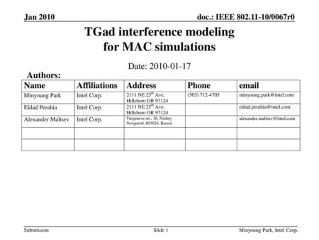 TGad interference modeling for MAC simulations