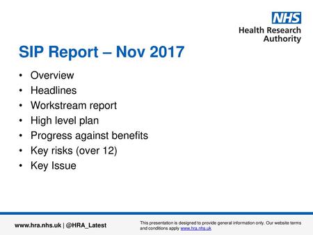SIP Report – Nov 2017 Overview Headlines Workstream report