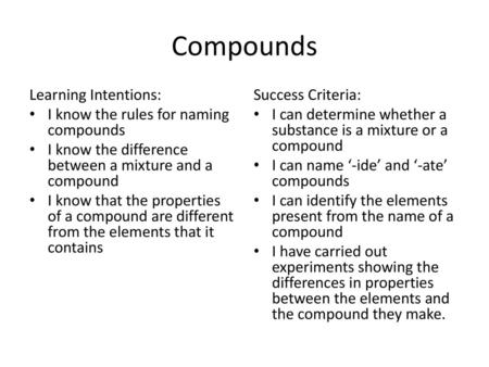 Compounds Learning Intentions: I know the rules for naming compounds