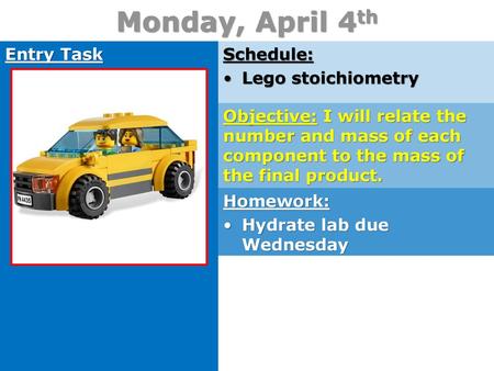 Monday, April 4th Entry Task Schedule: Lego stoichiometry