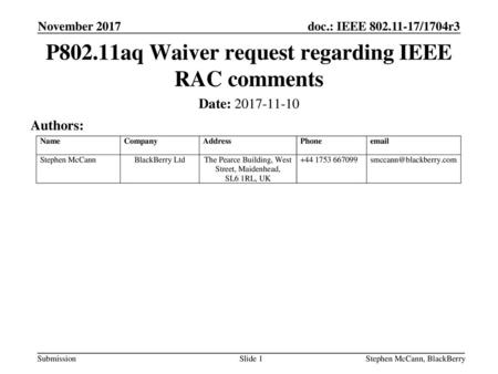 P802.11aq Waiver request regarding IEEE RAC comments