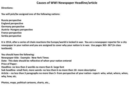 Causes of WWI Newspaper Headline/article