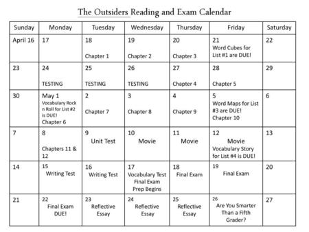 The Outsiders Reading and Exam Calendar