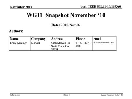 WG11 Snapshot November ‘10 Date: 2010-Nov-07 Authors: Name Company
