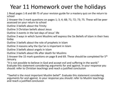 Year 11 Homework over the holidays