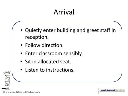 Arrival Quietly enter building and greet staff in reception.