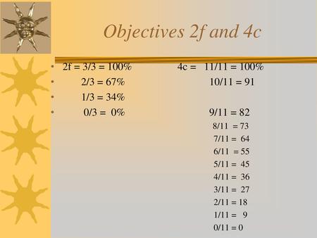 Objectives 2f and 4c 2f = 3/3 = 100% 4c = 11/11 = 100%