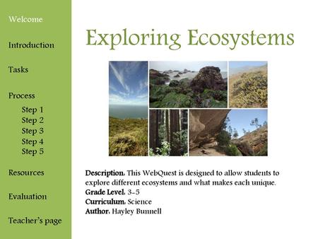Exploring Ecosystems Welcome Introduction Tasks Process Step 1 Step 2