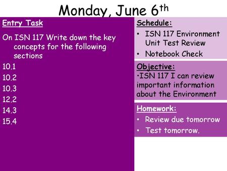 Monday, June 6th Entry Task On ISN 117 Write down the key concepts for the following sections 10.1 10.2 10.3 12.2 14.3 15.4 Schedule: ISN 117 Environment.