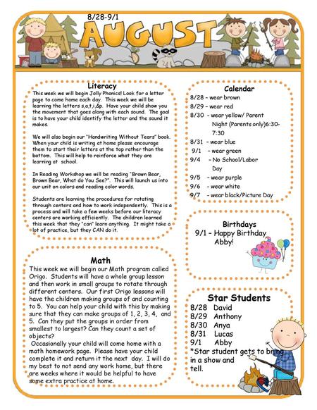 Star Students Math 8/28-9/1 Literacy Calendar Birthdays