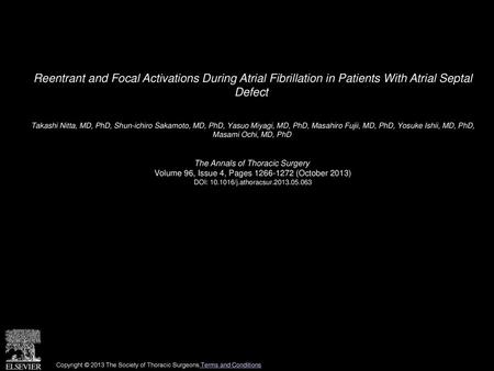 Reentrant and Focal Activations During Atrial Fibrillation in Patients With Atrial Septal Defect  Takashi Nitta, MD, PhD, Shun-ichiro Sakamoto, MD, PhD,
