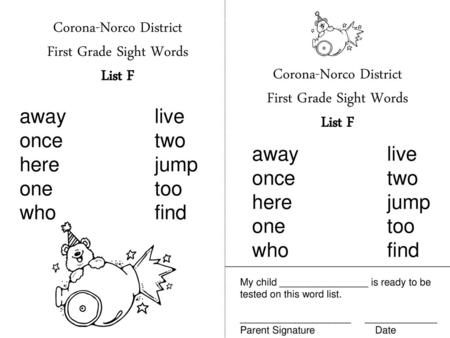 Corona-Norco District First Grade Sight Words List F