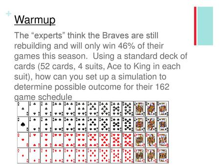Warmup The “experts” think the Braves are still rebuilding and will only win 46% of their games this season. Using a standard deck of cards (52 cards,