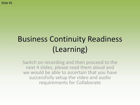 Business Continuity Readiness (Learning)