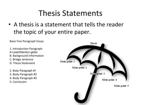 Thesis Statements A thesis is a statement that tells the reader the topic of your entire paper. Basic Five Paragraph Essay: 1. Introduction Paragraph A.Lead/Attention.