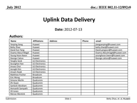 Uplink Data Delivery Date: Authors: Month Year