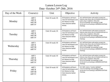 Lamon Lesson Log Date- October 24th-28th ,2016