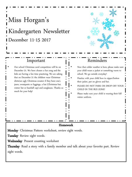 Miss Horgan’s Kindergarten Newsletter December
