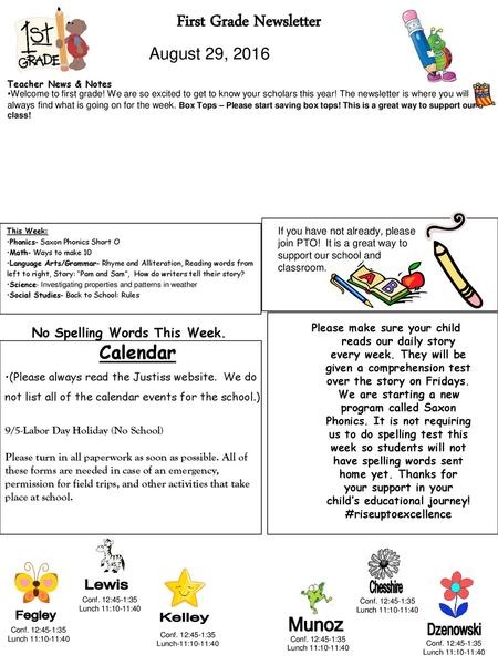 First Grade Newsletter No Spelling Words This Week.