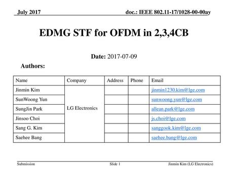 EDMG STF for OFDM in 2,3,4CB Date: Authors: July 2017 Name