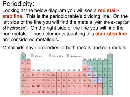 Periodicity: Looking at the below diagram you will see a red stair- step line. This is the periodic table’s dividing line. On the left side of the line.