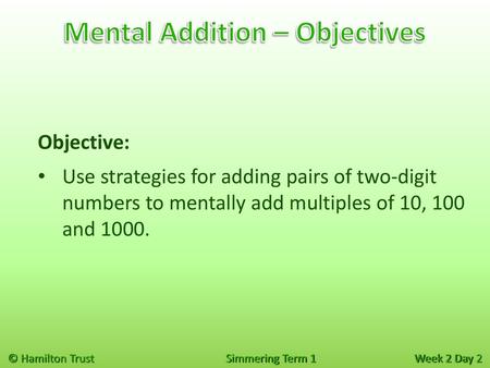Mental Addition – Objectives
