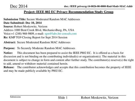 Project: IEEE 802 EC Privacy Recommendation Study Group