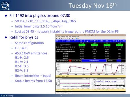 Tuesday Nov 16th Fill 1492 into physics around 07.30