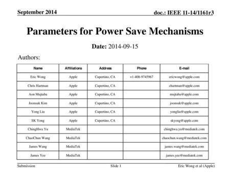 Parameters for Power Save Mechanisms