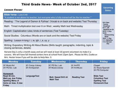 Third Grade News– Week of October 2nd, 2017