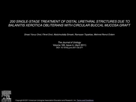 200 SINGLE-STAGE TREATMENT OF DISTAL URETHRAL STRICTURES DUE TO BALANITIS XEROTICA OBLITERANS WITH CIRCULAR BUCCAL MUCOSA GRAFT  Sinasi Yavuz Onol, Fikret.