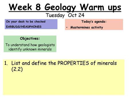 Week 8 Geology Warm ups Tuesday Oct 24