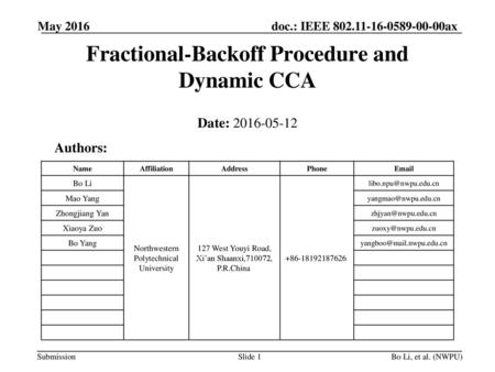 Fractional-Backoff Procedure and Dynamic CCA