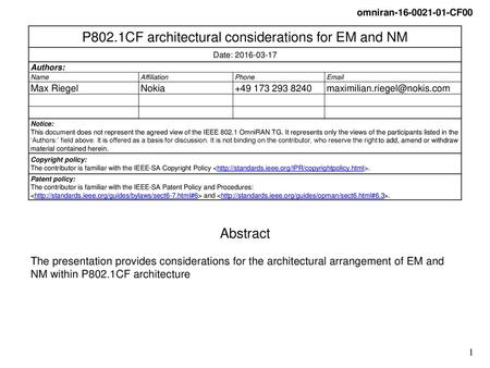 P802.1CF architectural considerations for EM and NM