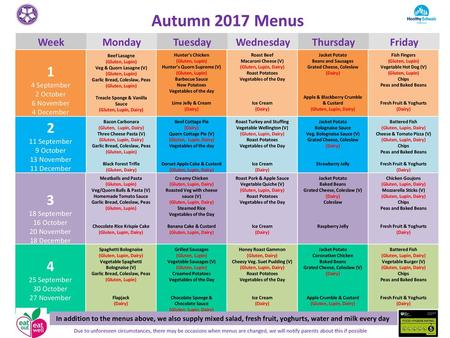 Autumn 2017 Menus Week Monday Tuesday Wednesday Thursday