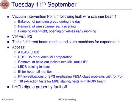 Tuesday 11th September LHCb dipole presently fault off