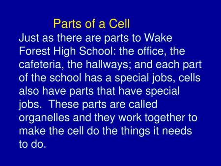Parts of a Cell Just as there are parts to Wake Forest High School: the office, the cafeteria, the hallways; and each part of the school has a special.