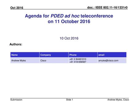 Agenda for PDED ad hoc teleconference on 11 October 2016