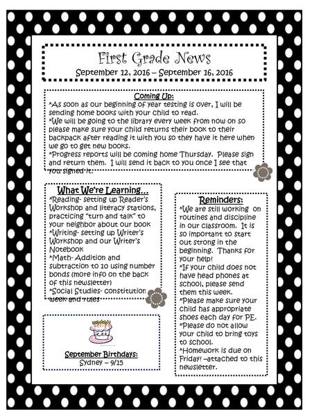 First Grade News September 12, 2016 – September 16, 2016