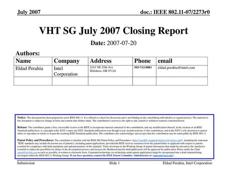 VHT SG July 2007 Closing Report