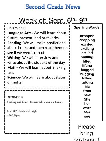 Second Grade News Week of: Sept. 6th- 9th Please bring boxtops!!! 