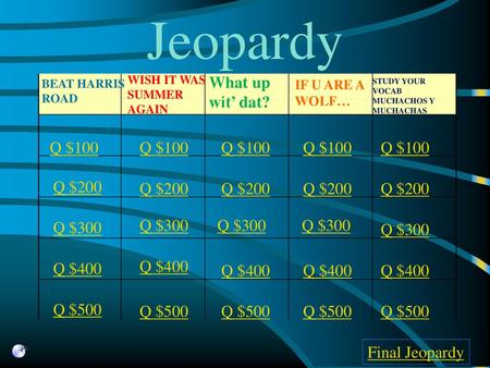 Jeopardy What up wit’ dat? Q $100 Q $100 Q $100 Q $100 Q $100 Q $200