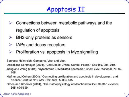 Apoptosis II Connections between metabolic pathways and the regulation of apoptosis BH3-only proteins as sensors IAPs and decoy receptors Proliferation.
