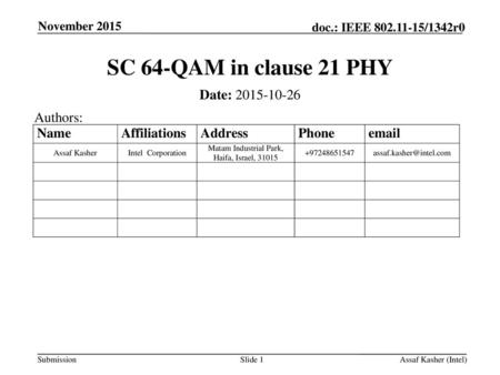 SC 64-QAM in clause 21 PHY Date: Authors: November 2015