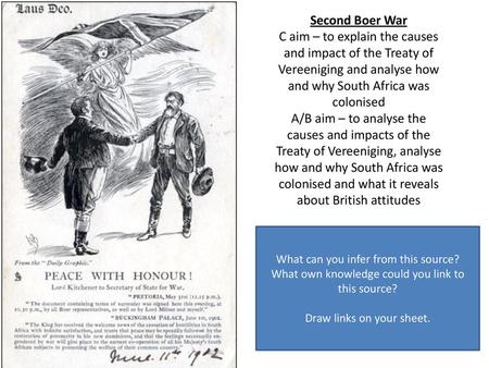 Second Boer War C aim – to explain the causes and impact of the Treaty of Vereeniging and analyse how and why South Africa was colonised A/B aim – to.