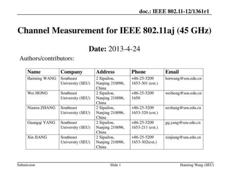 Channel Measurement for IEEE aj (45 GHz)