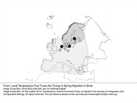 Fig. 1 Map of Europe presenting the three ringing stations (black circles, Hel: Heligoland; Chr: Christiansø; and Jur: Jurmo) and locations of the eight.